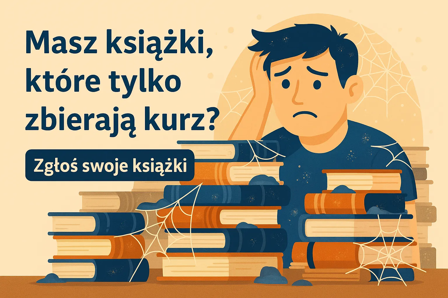 Osoba przytłoczona dużą liczbą książek w domu