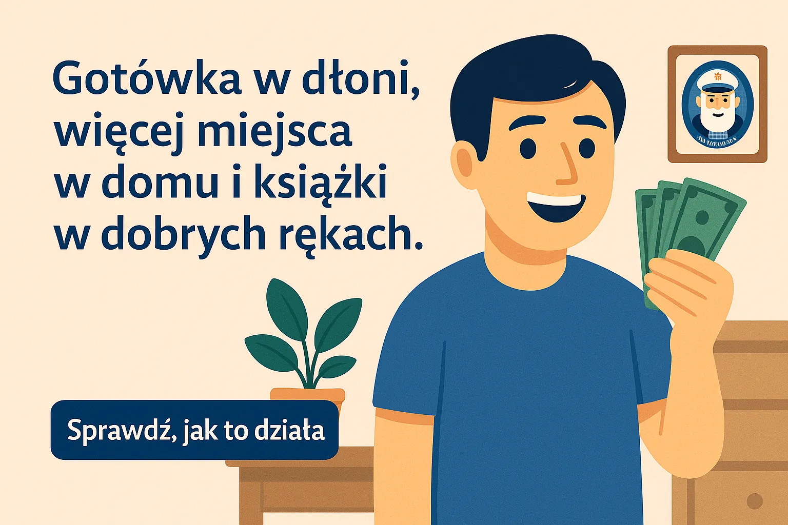 Zadowolona osoba z pieniędzmi i pustą półką